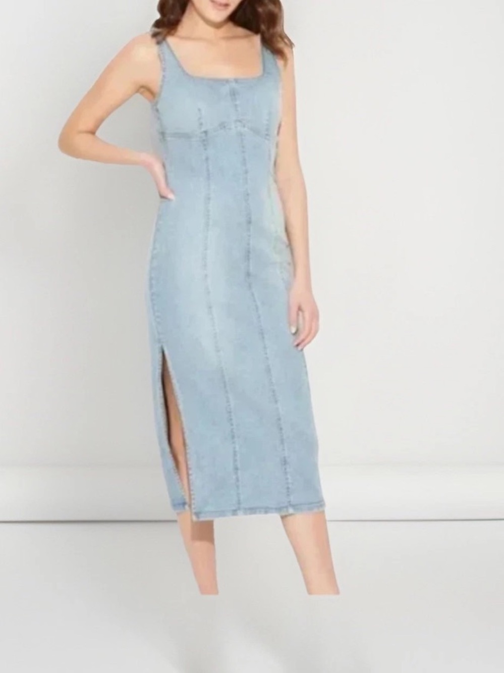wild fable Light Blue Denim Midi Dress with Side Slit